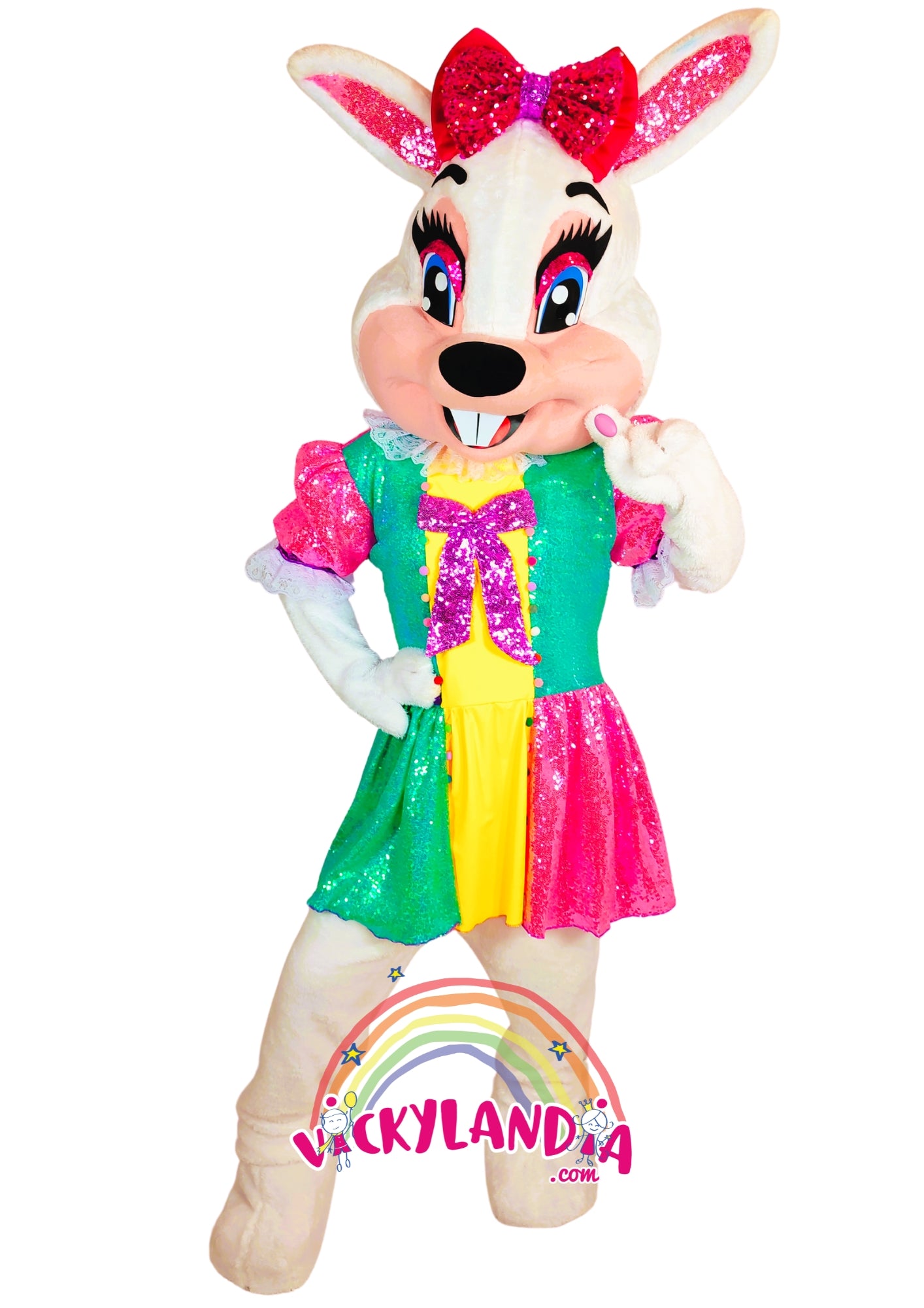 Descubre la magia de nuestro muñeco publicitario de Conejita de Pascua Brillanteen Vickylandia. Son disfraces cabezones perfectos para fiestas infantiles, shows, cumpleaños, estrategias publicitarias, espectáculos, cabalgatas y cualquier tipo de evento