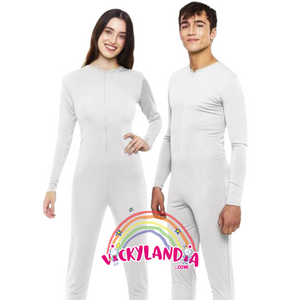 Maillot unisex blanco de cuerpo completo con cremallera frontal, ideal para disfraces y animaciones.