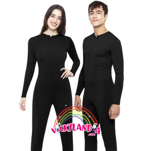 Maillot unisex negro de cuerpo completo con cremallera frontal, ideal para disfraces y animaciones.