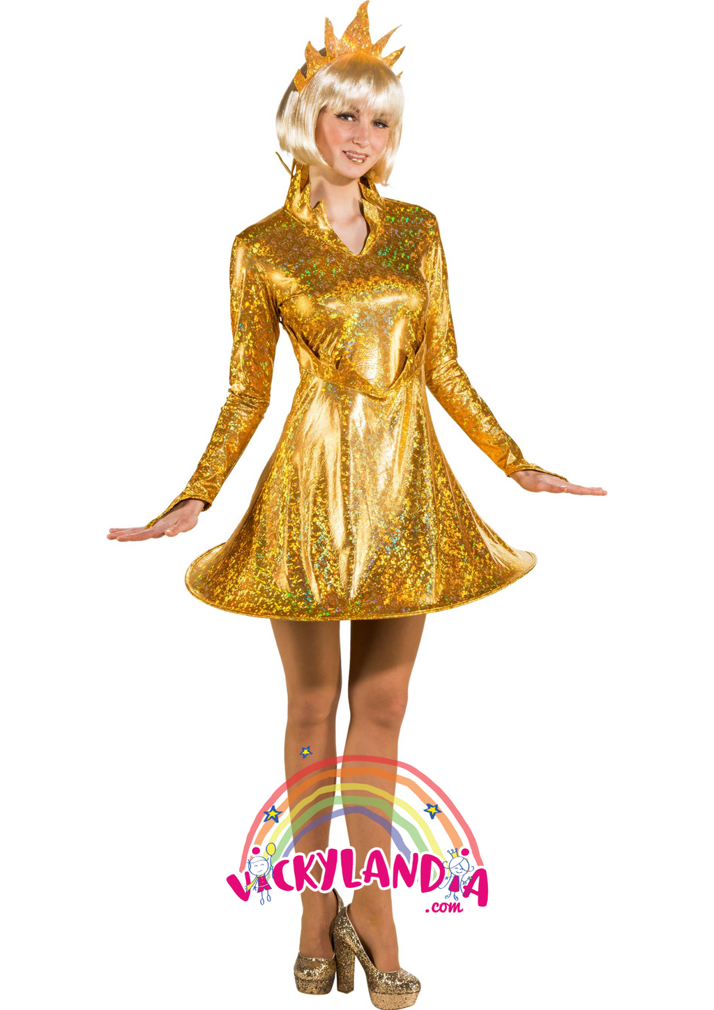 Vestido dorado brillante de temática solar, con mangas largas, falda acampanada y corona de rayos, ideal para disfraces y eventos temáticos.