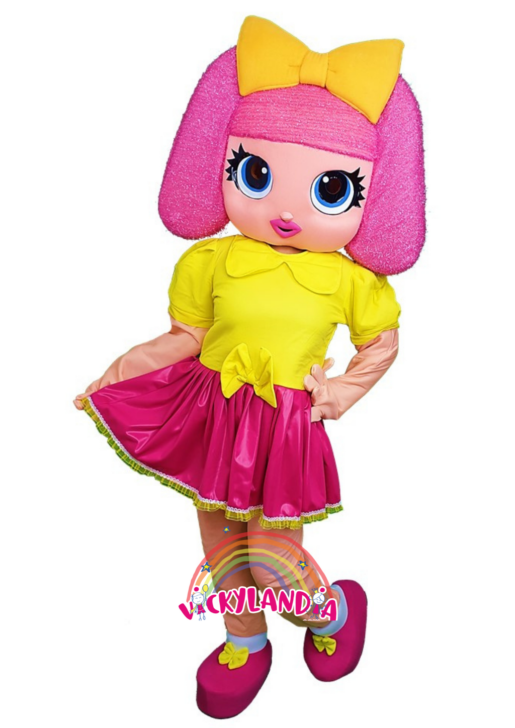 Descubre la magia de nuestro muñeco publicitario de Muñeca Glamurosa en Vickylandia. Son disfraces cabezones perfectos para fiestas infantiles, shows, cumpleaños, estrategias publicitarias, espectáculos, cabalgatas y cualquier tipo de evento.