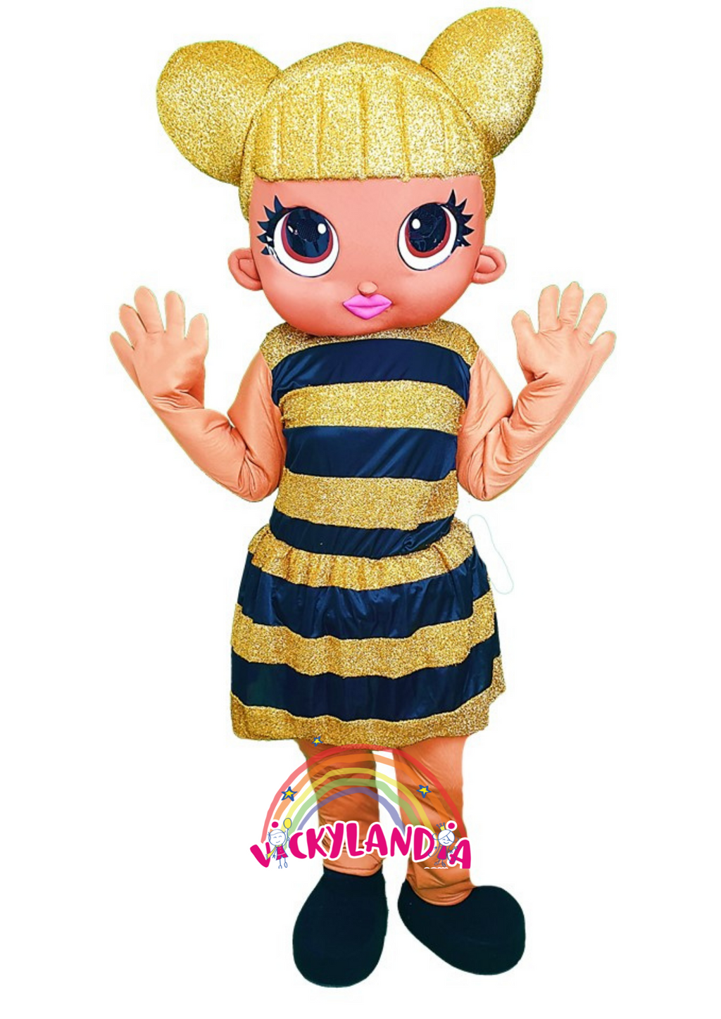 chica abeja disfraz muñeco cabezon cabezudo botarga mascota publicitaria Peluches personalizados Merchandising corporativos personalizados Fabricante vickylandia